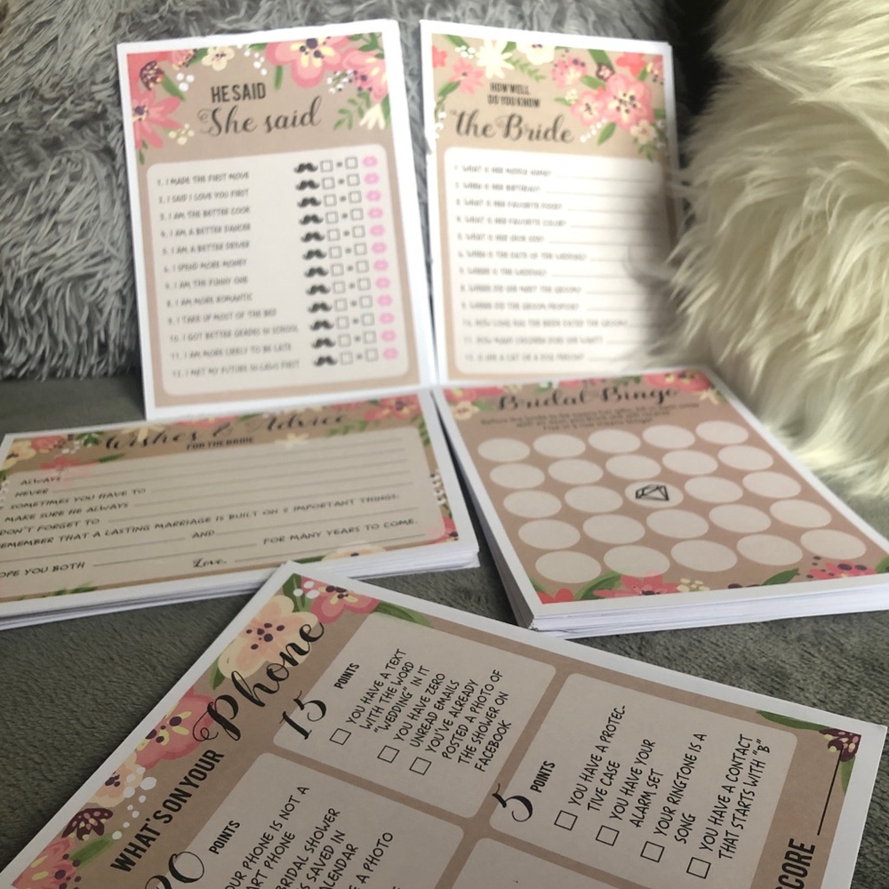 Floral Bridal Shower Games Set - bundle of 5 games